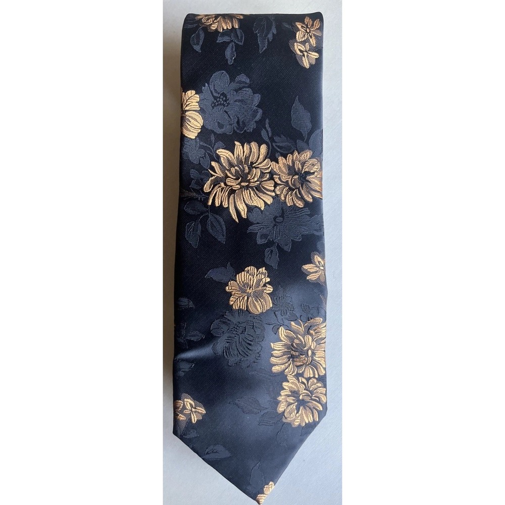Hand Tailored DiBanGu Black Gold Floral 100% Silk Men's Formal Neck Tie NWOT